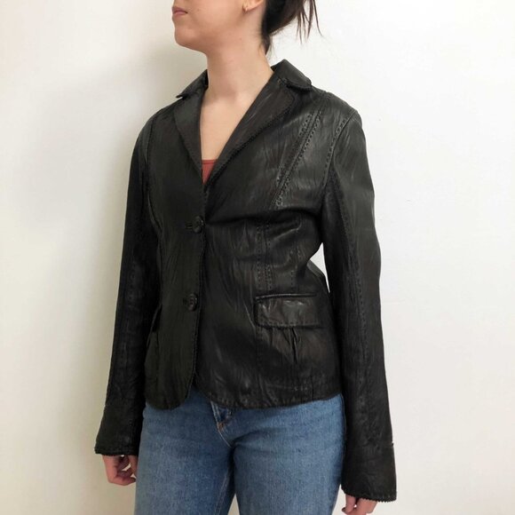 Crinkled Leather Blazer Jacket - Picture 3 of 8